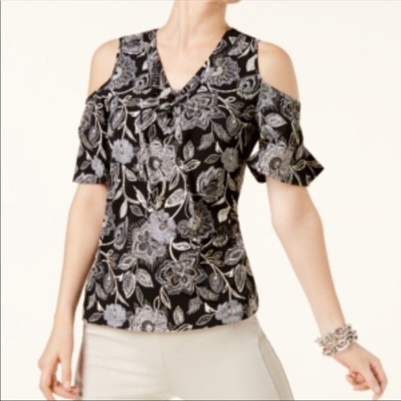 INC International Concepts Lace Up Floral Print Cold Shoulder Top Size M / XL - Picture 1 of 3